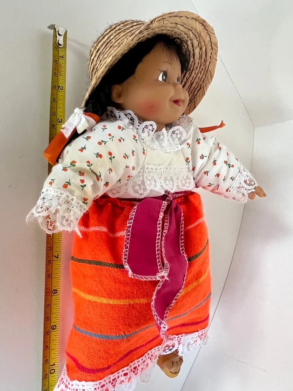 Colorful Peruvian Folk Girls Doll Orange-Striped Outfit with Straw Hat